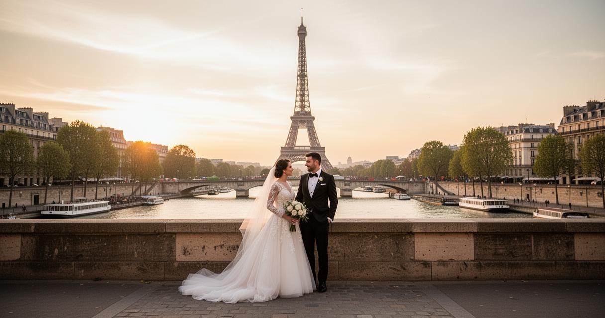 A wedding couple on a Paris bridge with the Eiffel Tower in the background