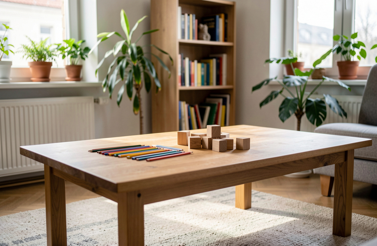A low wooden table with colored pencils and building blocks in a bright living room