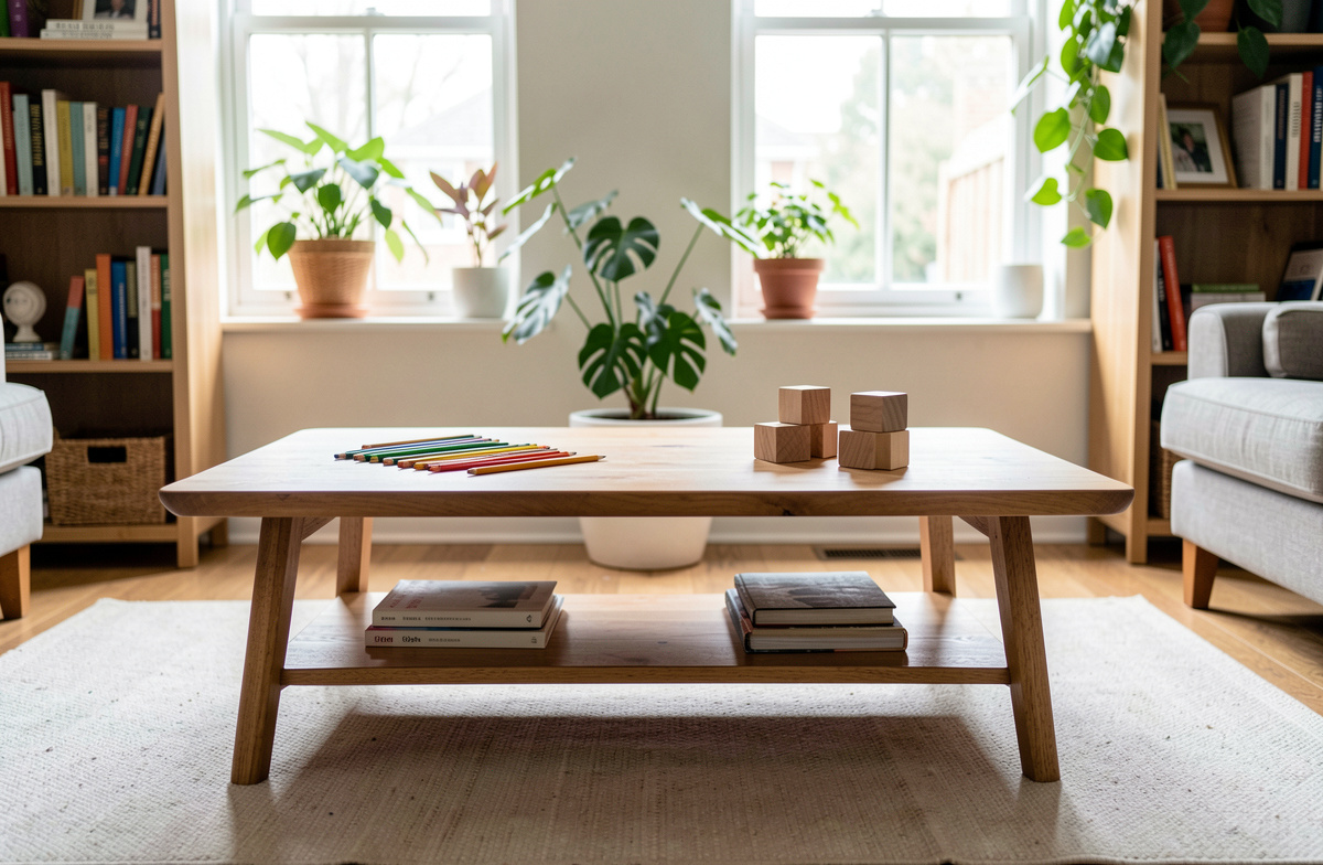 Colored pencils and wooden blocks on a low table beside living room windows