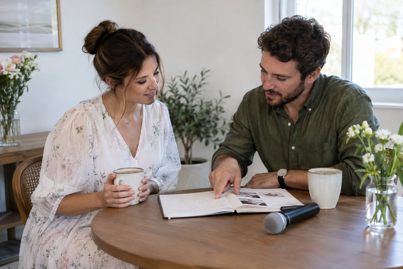 Two adults reviewing ceremony notes with a microphone on the table