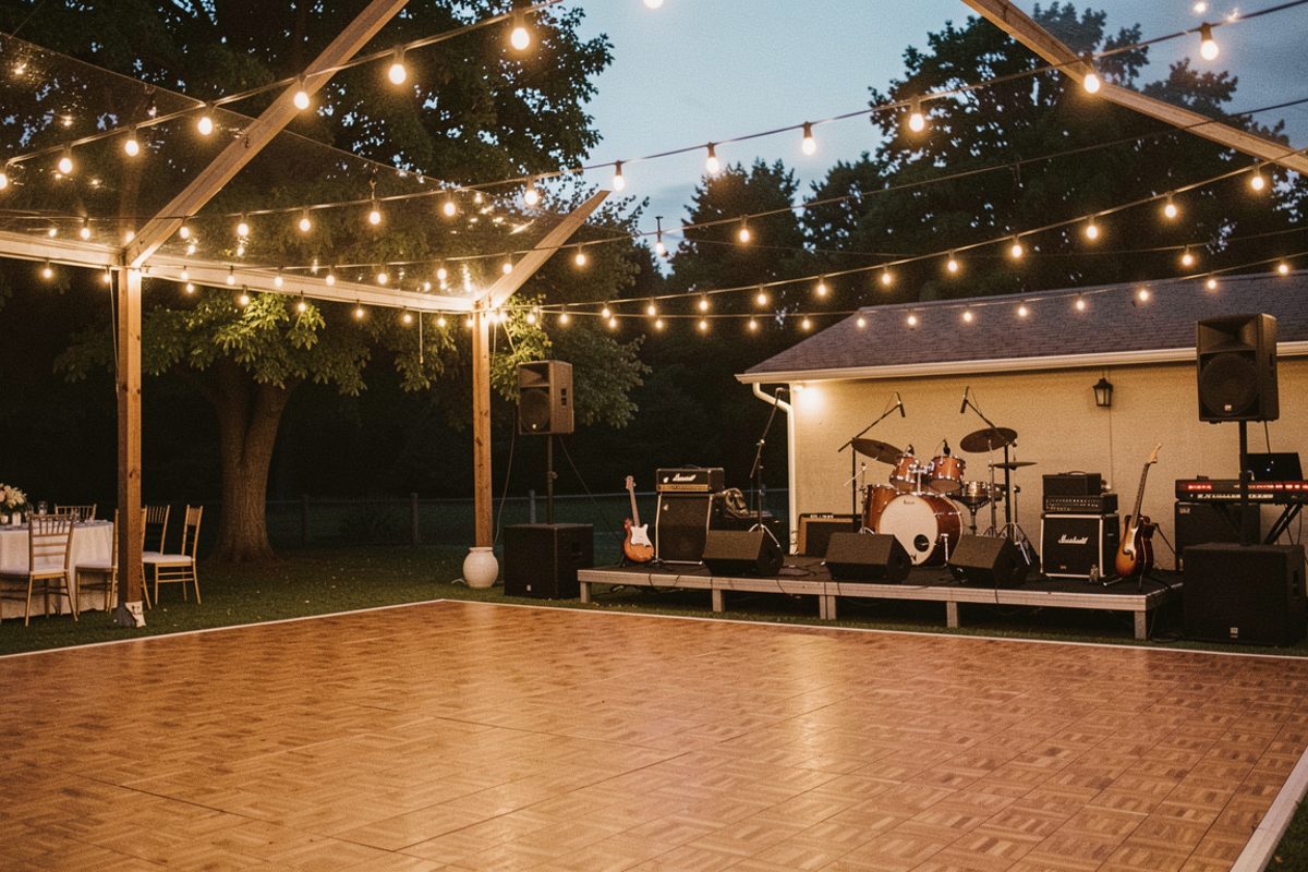 A parquet dance floor beside a band stage under outdoor string lights
