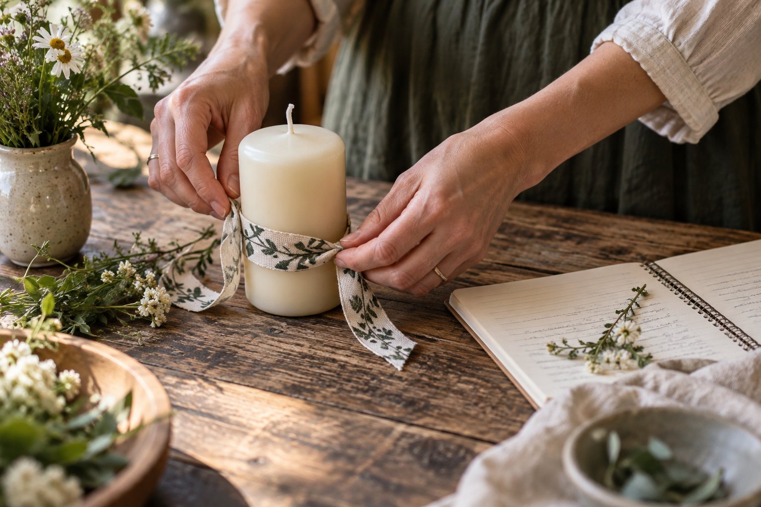 Hands arranging a woven ribbon and a candle beside ceremony notes